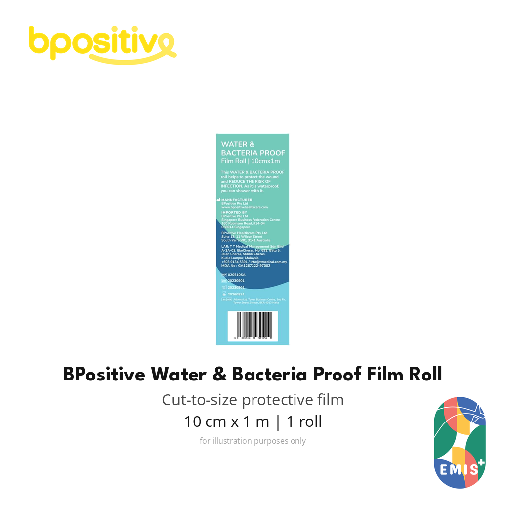 BPositive Water and Bacteria Proof Film Roll 10cm x 1m, back of illustrative retail pack