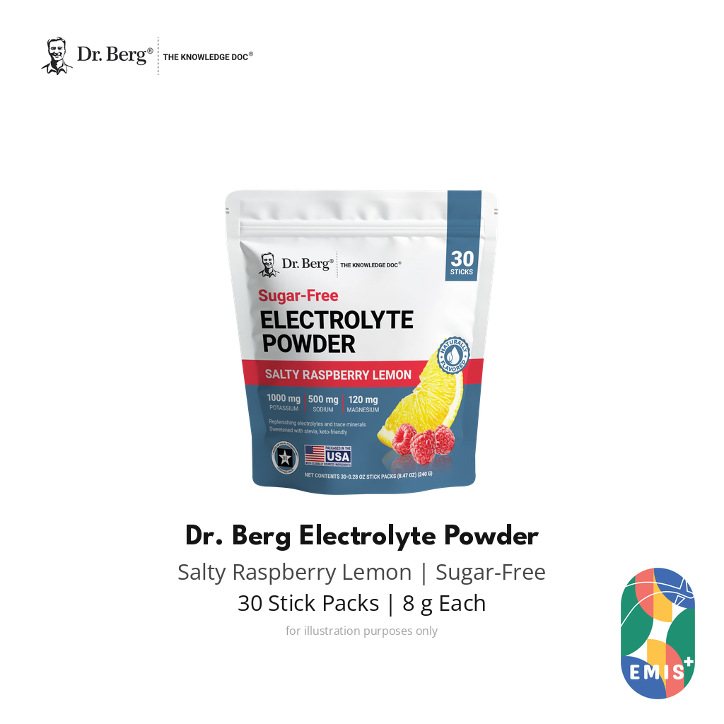 Dr. Berg Salty Raspberry Lemon sugar-free electrolyte powder 30-stick pouch, EMIS+ front product image