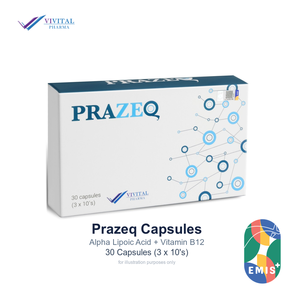 Prazeq 30 capsules, angled carton, EMIS+