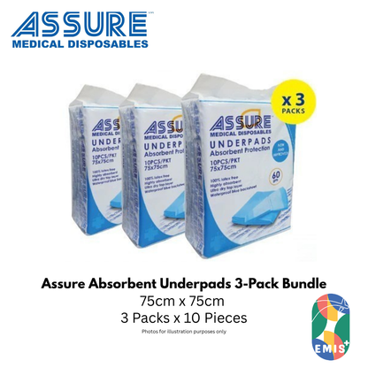Bundle of 3 ASSURE Underpads 30" X 30" 75cm X 75cm 60G 10s Per Pack