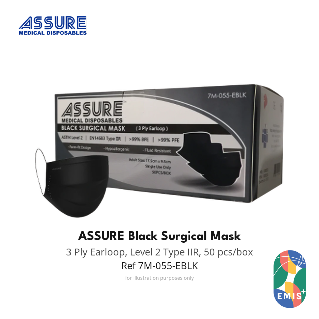 [3 Box Bundle] ASSURE Black Surgical Face Mask 3 Ply with Earloop 50 Pieces per Box