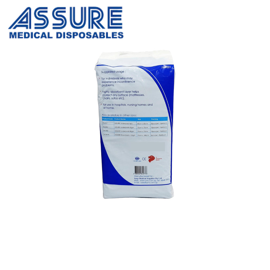 Assure Medical Disposable Underpads 43cm x 60cm 20 Pieces Highly Absorbent Incontinence Protection