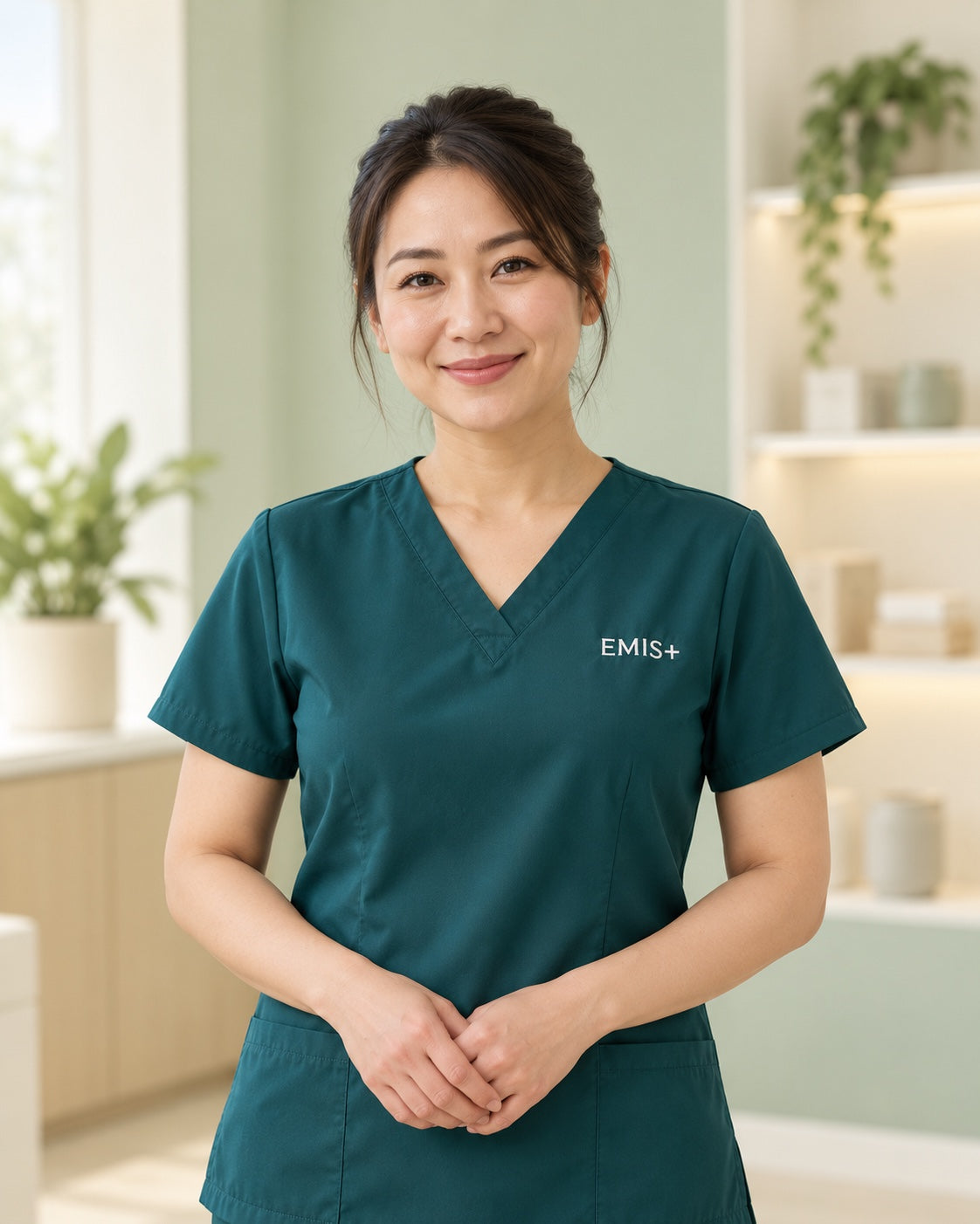AI-generated portrait of a healthcare professional wearing an EMIS+ uniform